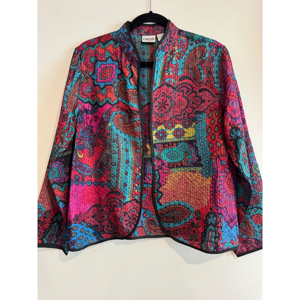 Chico's Quilted 100% Silk Paisley Open Front Jacket Women Size 1 Multicolor Boho